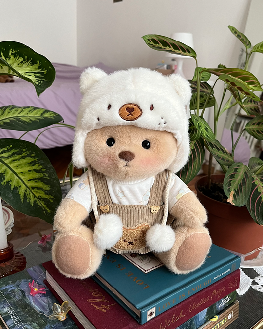 White Mink Hat Brown Overalls Bear | Handmade Jointed Teddy Bear Gift